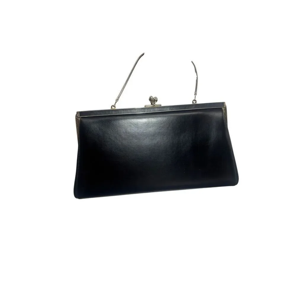 Ande Vintage Black Leather Clutch Evening Bag With Chain Strap